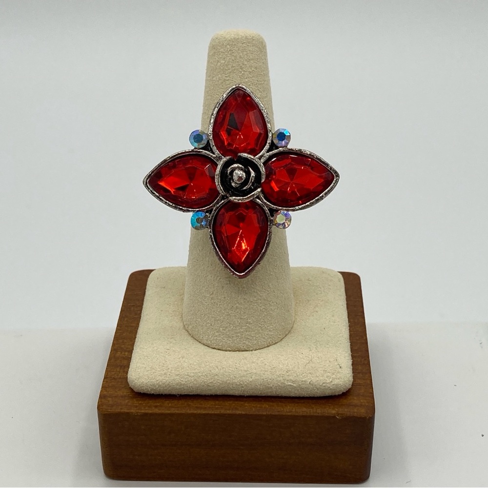 Red Rhinestone Rose Adjustable Ring Sz 8 Halloween